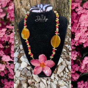 Real Plumeria Flower in Resin Necklace with orange, red, gold beads and accents